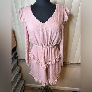 143 Story Ruffle Tiered Long Sleeve Swiss Dot Pink Dress size Medium